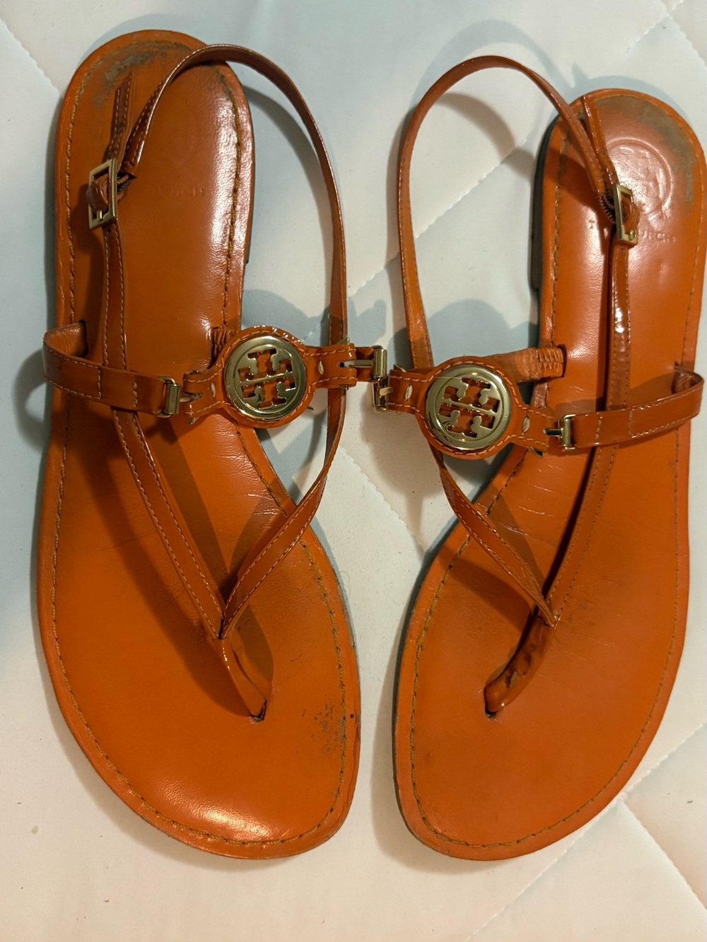 Tory Burch Orange Leather Logo Thong Sandals with Gold Emblem